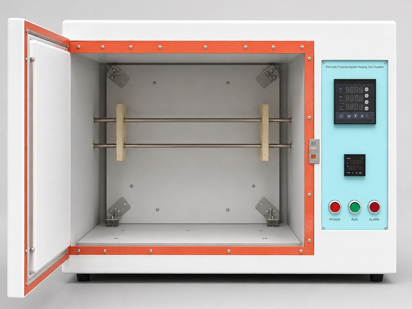 Open view of the IEC 61347-1 Annex D Test Chamber with its internal fixture and control panel