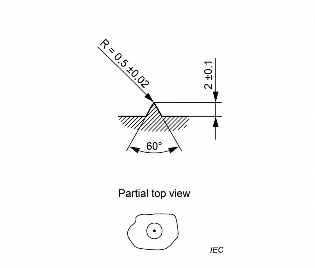 IEC 61347-1 Annex H Figure H.1 test electrode dimension diagram for insulating barrier testing of solid insulation in lamp controlgear.