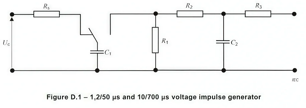 IEC 62368-1 Figure D.1 voltage impulse generator circuit for 1.2/50 μs and 10/700 μs testing
