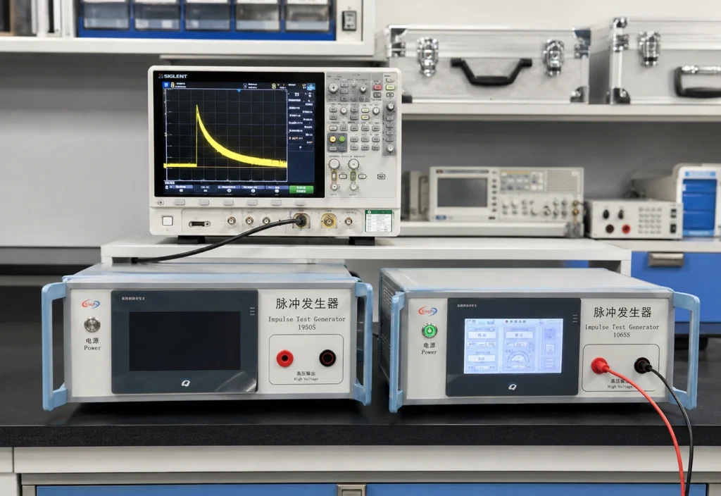 IEC 62368-1 pulse voltage generator laboratory test scene with KP-1065S and oscilloscope