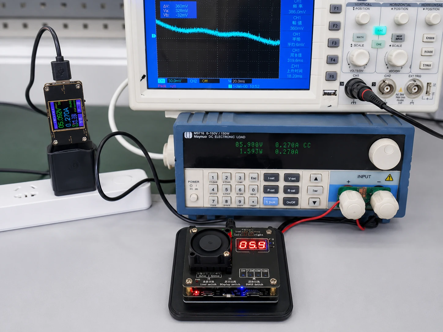 Laboratory setup for IEC 62368-1 wireless power receiver FOD temperature rise testing with electronic load and oscilloscope