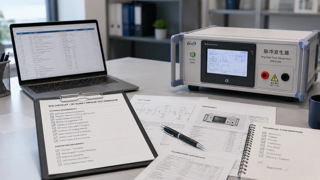 Beyond Peak Voltage: How to Select the Right Impulse Test Generator for IEC 62368-1 4 Impulse test generator RFQ checklist with test plan, datasheet and calibration documents