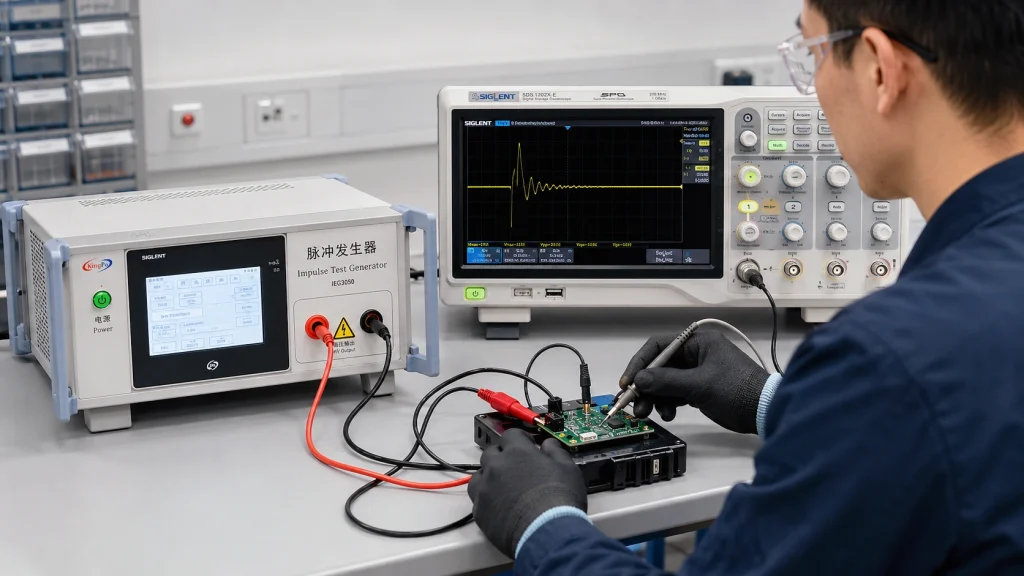 Beyond Peak Voltage: How to Select the Right Impulse Test Generator for IEC 62368-1 3 Impulse test generator connected to a DUT with an oscilloscope for waveform verification