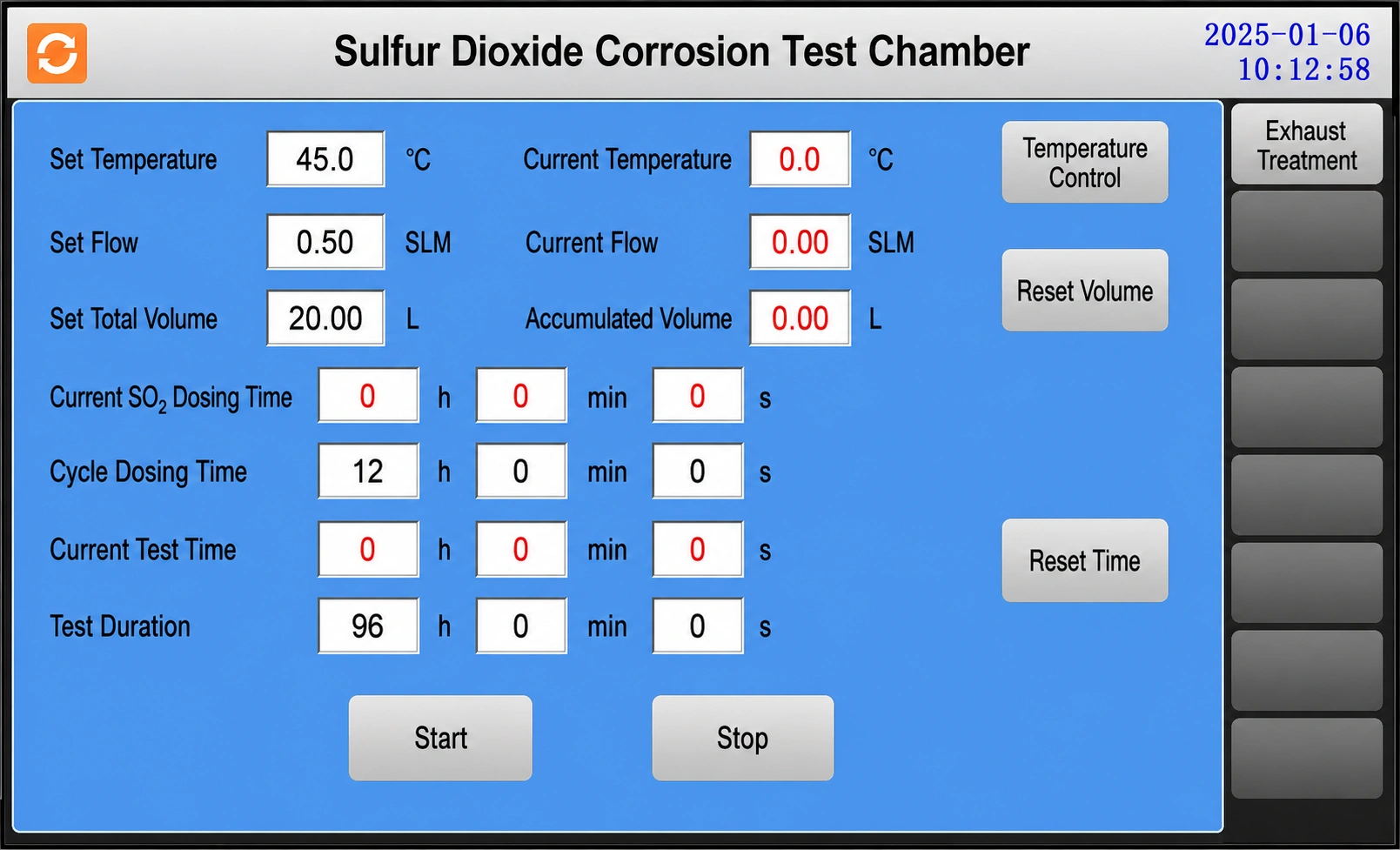 English HMI interface for controlling sulfur dioxide corrosion test conditions