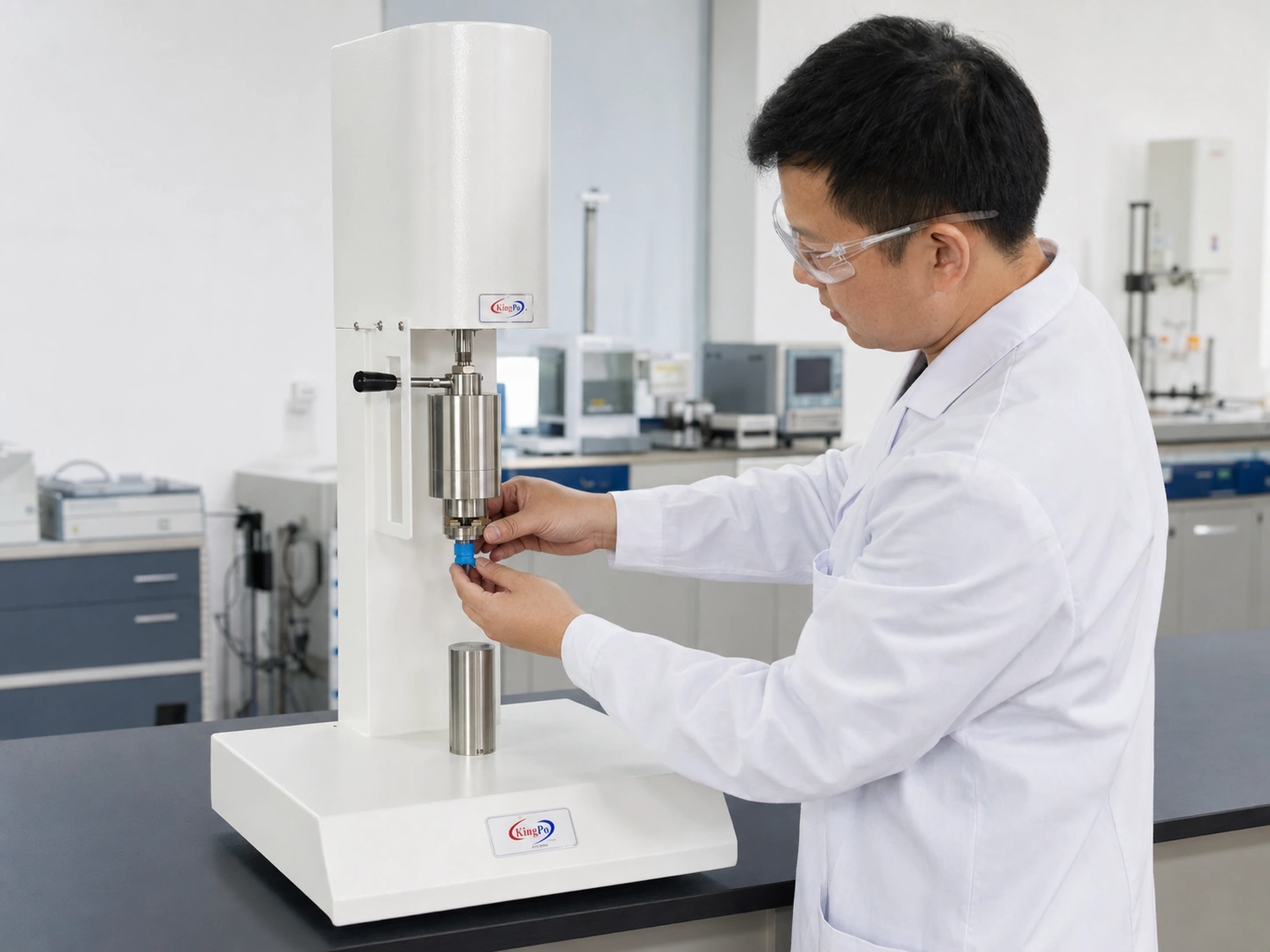 Laboratory technician installing a conical connector on ISO 5356-1 test equipment