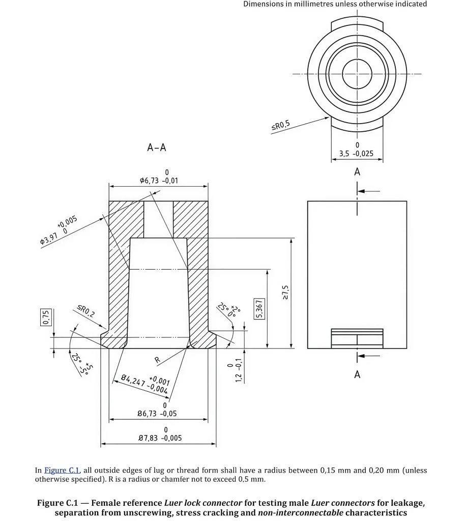 ISO 80369-7 Figure C.1 female reference Luer lock connector drawing for testing male Luer connectors