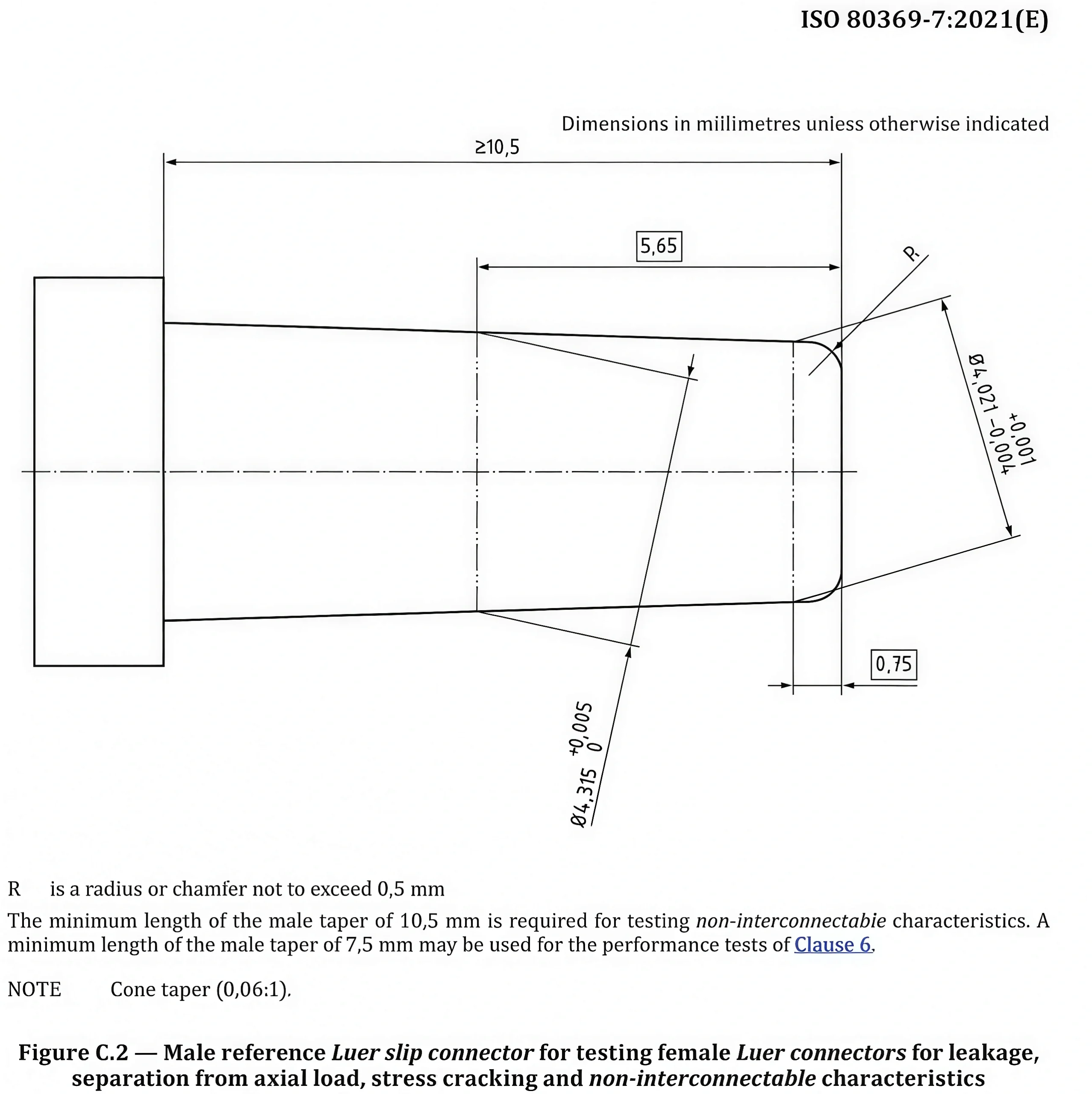 ISO 80369-7 Figure C.2 male reference Luer slip connector drawing for female Luer connector testing