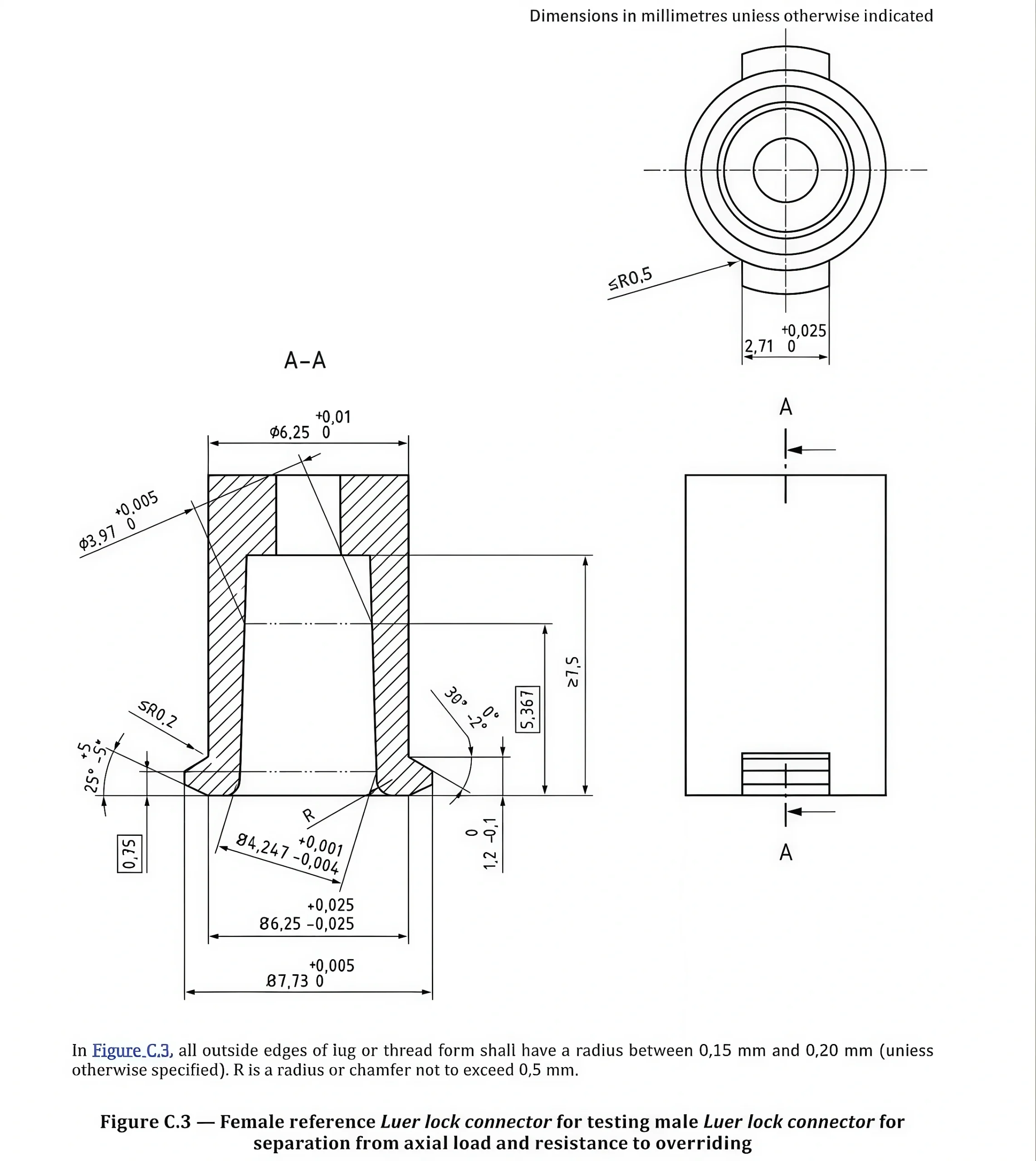 ISO 80369-7 Figure C.3 female reference connector drawing for male Luer lock connector testing