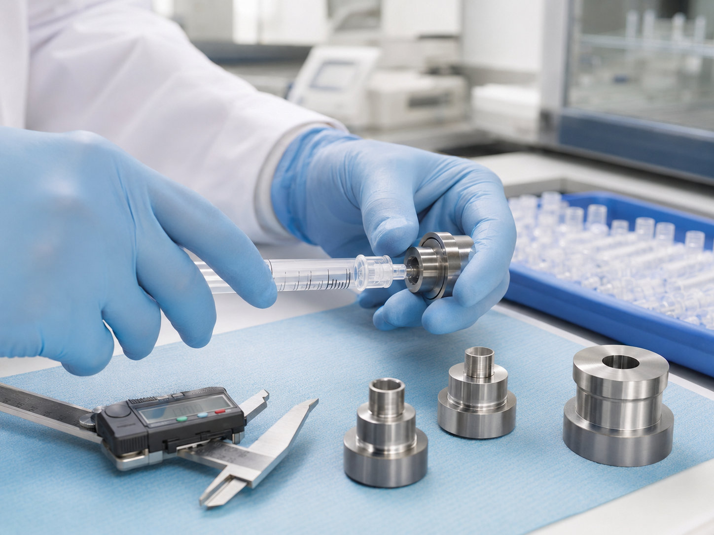 ISO 80369 Testing Equipment 3 Laboratory testing of a syringe Luer connector with ISO 80369-7 gauges and reference connectors