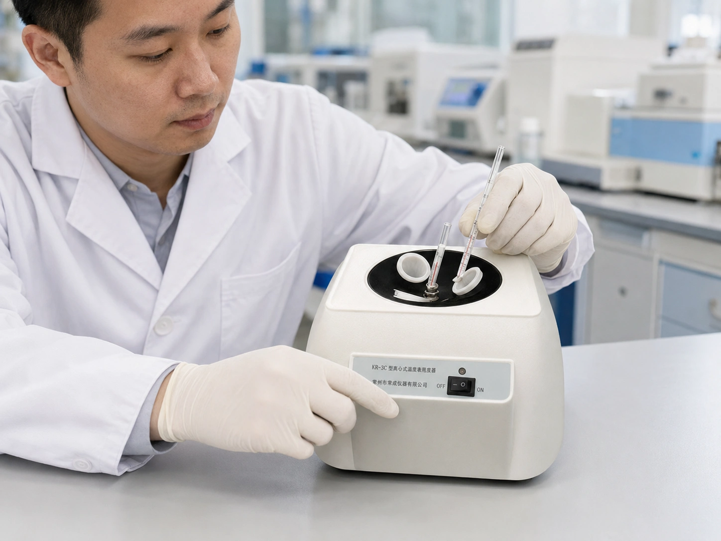 Laboratory technician operating the IEC 61010-2-020 thermometer centrifuge before clinical thermometer verification.