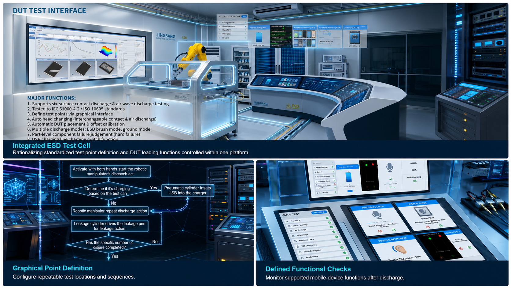 Automated ESD test system with 6-axis robot, graphical test-point definition and DUT functional monitoring