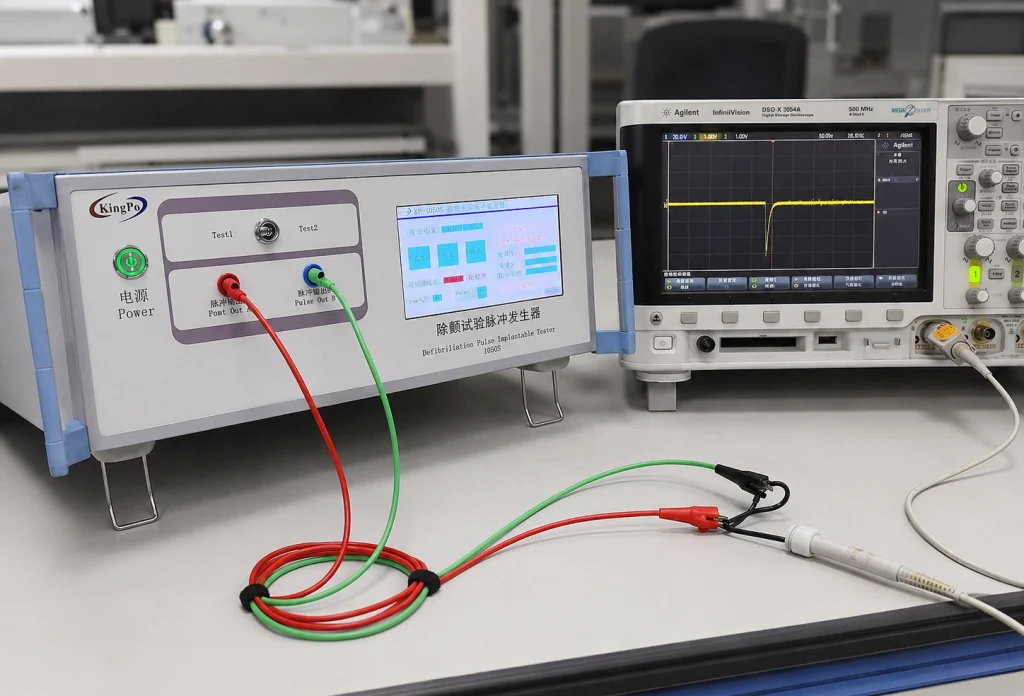 KingPo KP-1050S defibrillation immunity test setup with oscilloscope and test leads