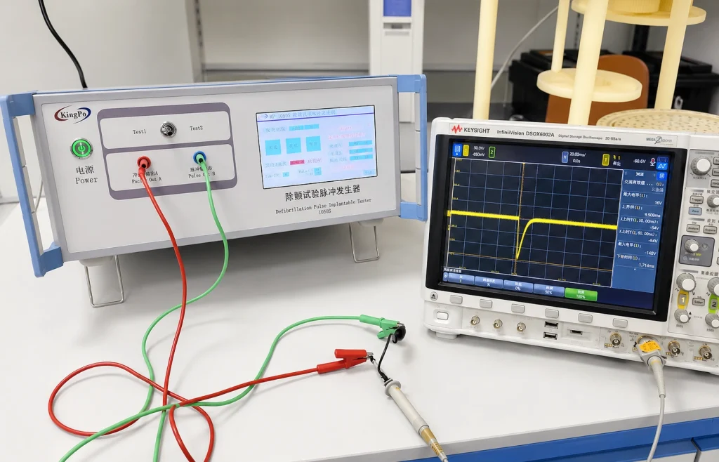 KingPo KP-1050S defibrillation test pulse generator connected to an oscilloscope in a laboratory test setup