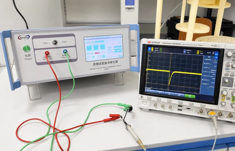 KingPo KP-1050S defibrillation test pulse generator connected to an oscilloscope in a laboratory test setup