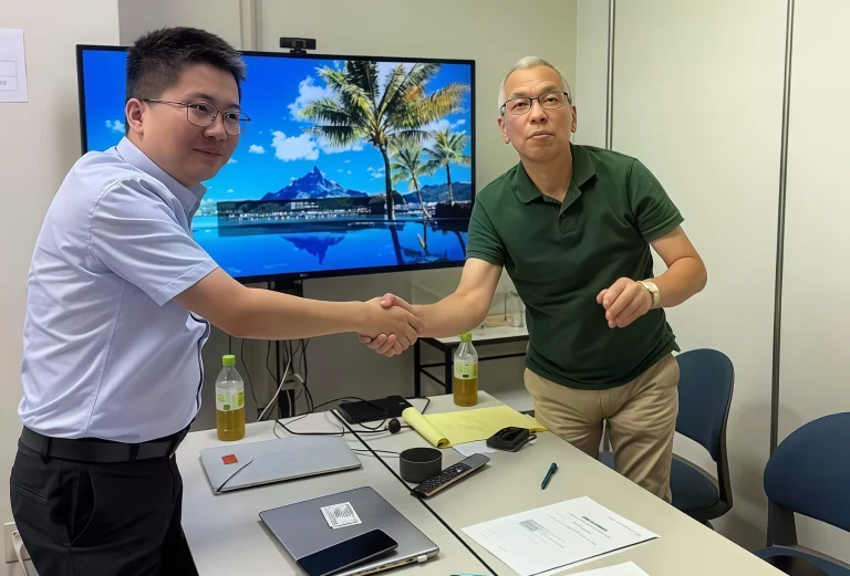 KingPo and Techno Science Japan representatives shaking hands for authorized distribution cooperation