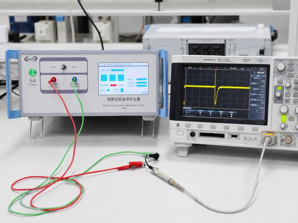 KP-1050S AIMD defibrillation pulse generator with oscilloscope waveform verification
