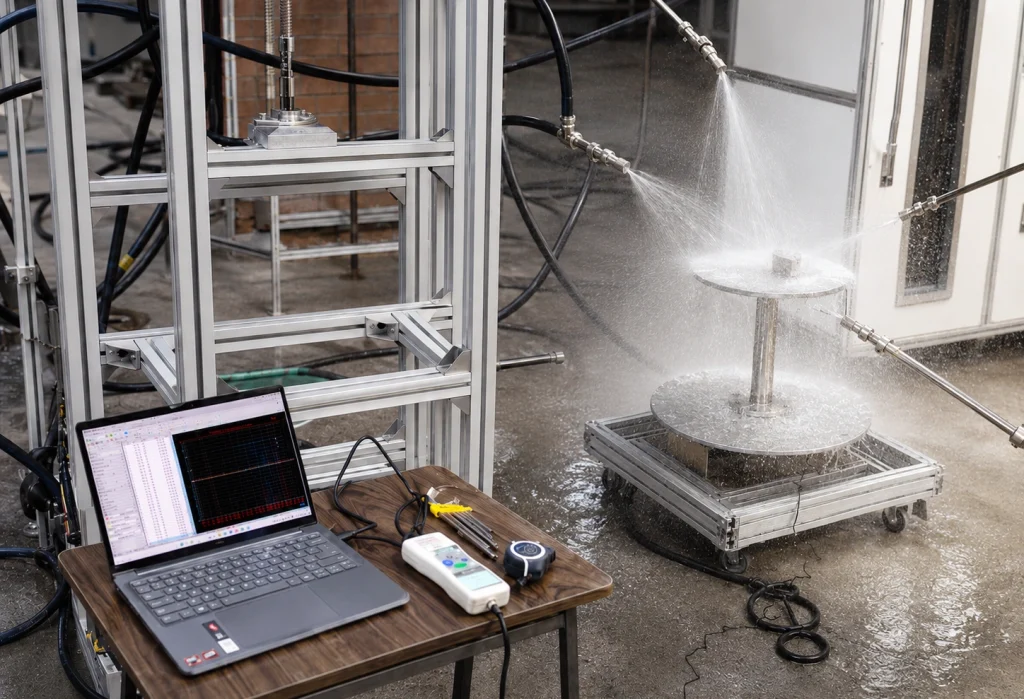 KP-9KF01 IPX9K impact force measurement unit in laboratory spray force calibration setup
