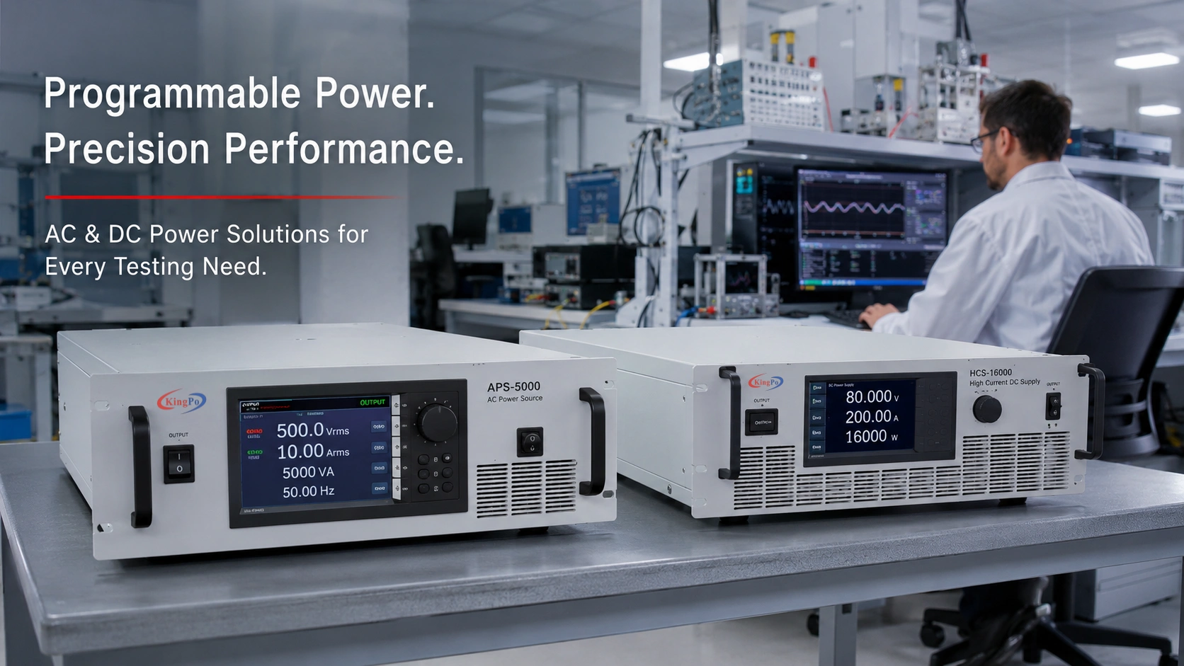 Programmable AC and DC power sources used in an electronics testing laboratory