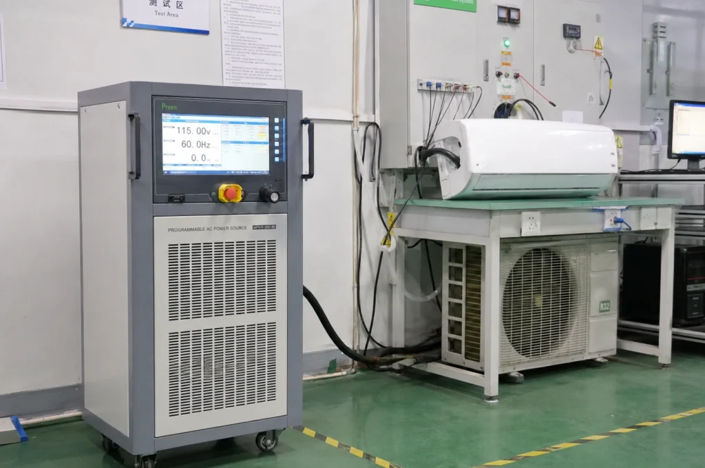 Programmable AC power source for air conditioner voltage and frequency testing