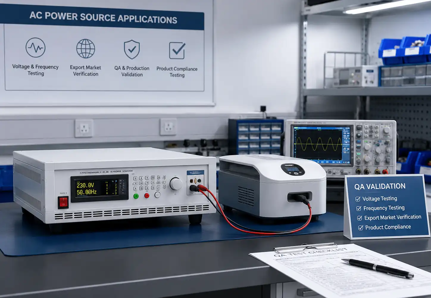 Programmable AC power source used in a laboratory QA voltage and frequency test setup