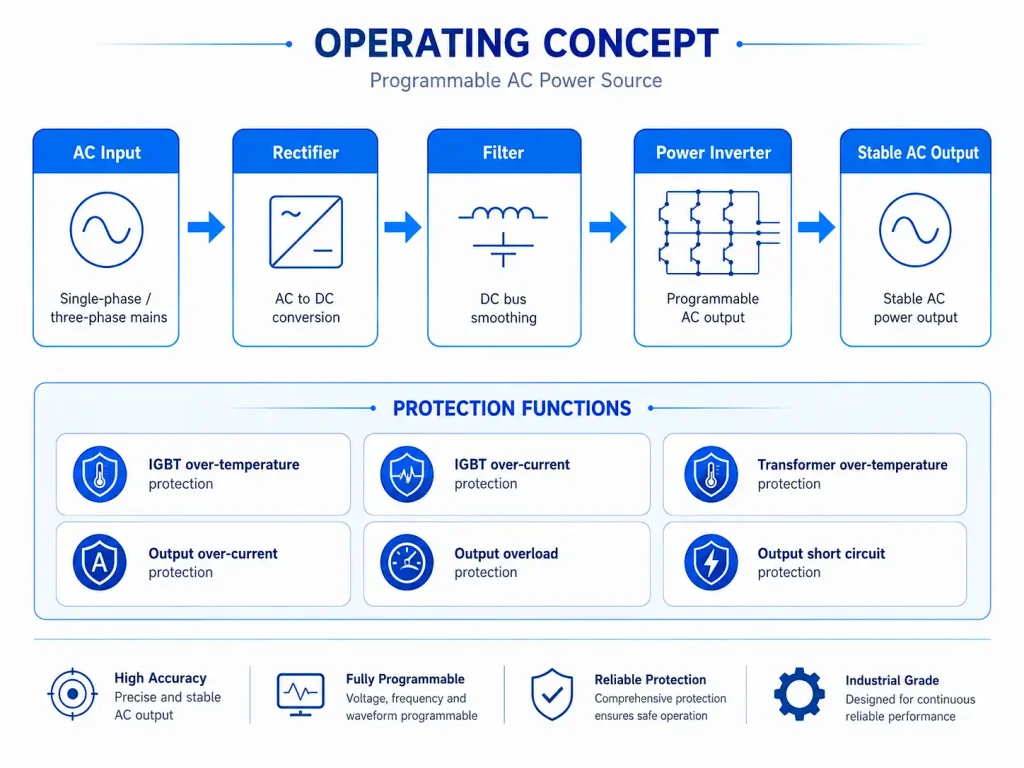 Operating concept and protection functions of a programmable AC power source