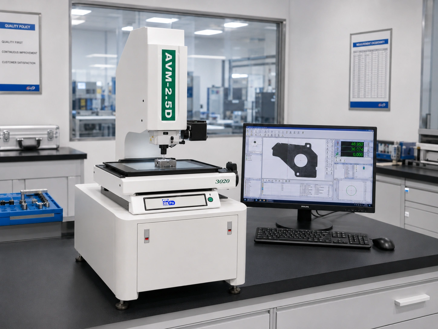 Semi-automatic vision measuring machine with measurement software for dimensional inspection in a laboratory.