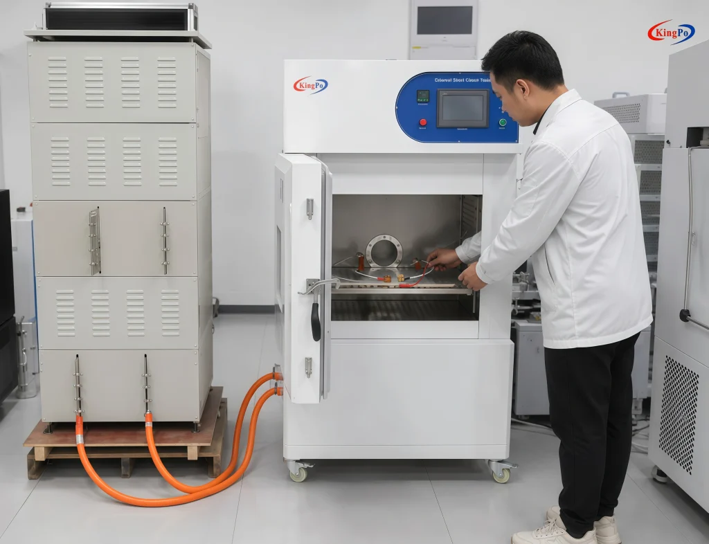Lab technician preparing the UL 2580 Clause 26 Short Circuit Tester for a 2000A lithium battery external short circuit test in a temperature-controlled chamber.