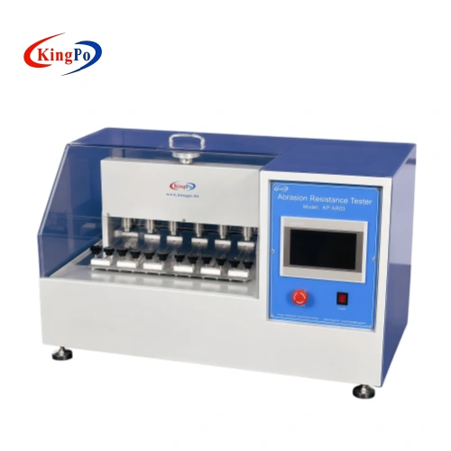 UL 719 Abrasion Resistance Tester for flat cable jacket abrasion testing, shown with 6 test stations and touch screen control panel.