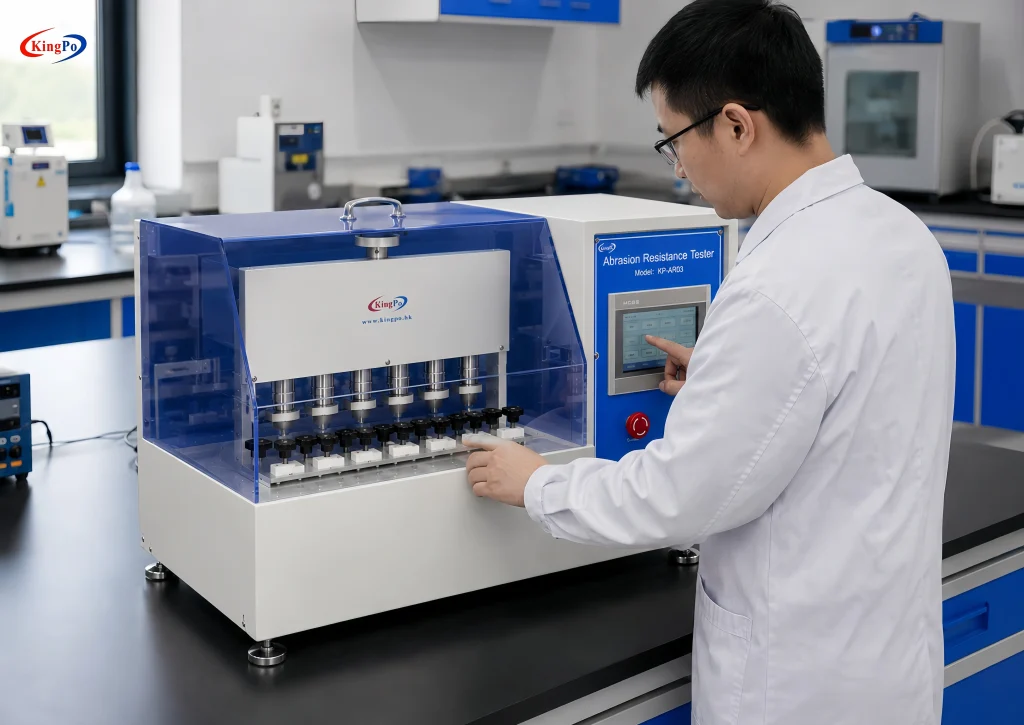 Laboratory technician operating the UL 719 Abrasion Resistance Tester for flat cable jacket abrasion testing in a controlled lab environment.