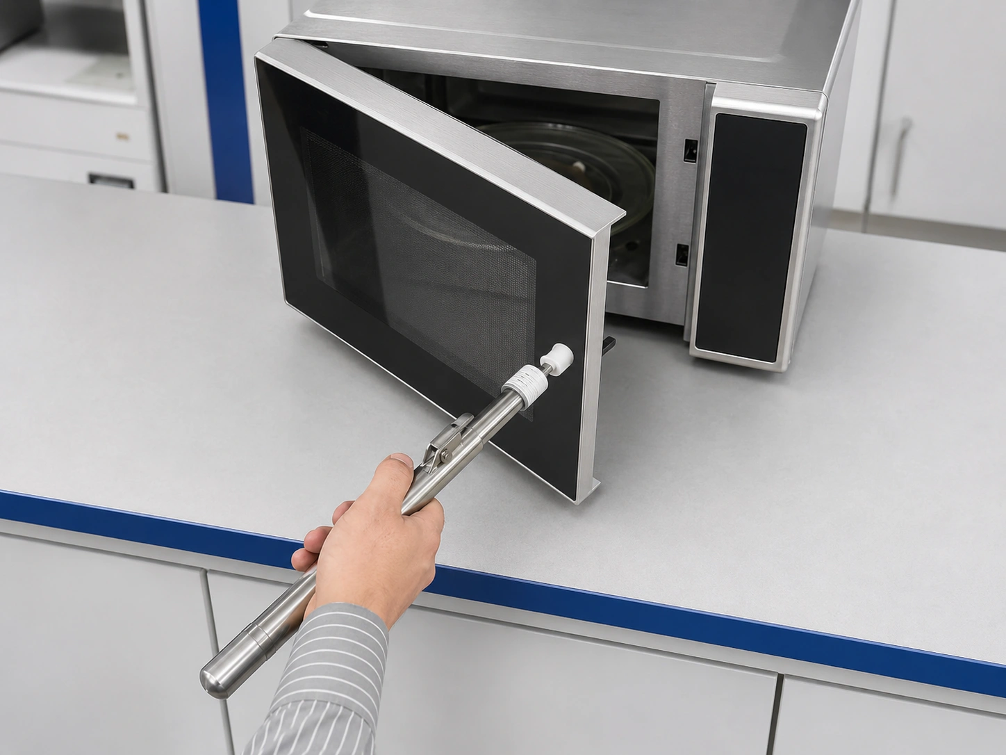 Technician using UL 923 microwave oven door test equipment to apply force near the free edge of an open door.