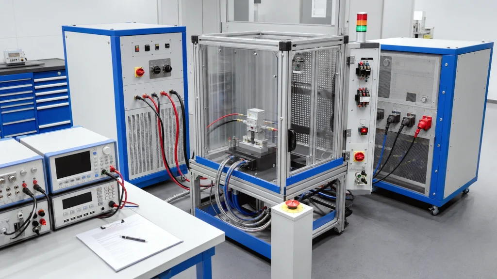 Appliance switch test system with power source, load cabinet, safety enclosure and measurement equipment