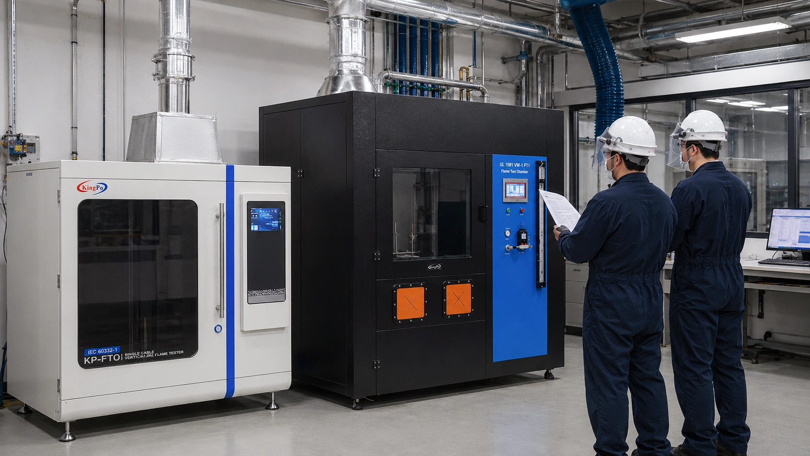 Cable fire testing laboratory with IEC 60332-1 single cable vertical flame tester and UL 1581 VW-1 FT1 flame test chamber