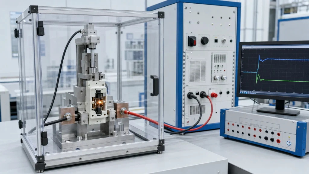 Enclosed DC arc extinction test setup with switch actuator, DC power source and waveform monitoring