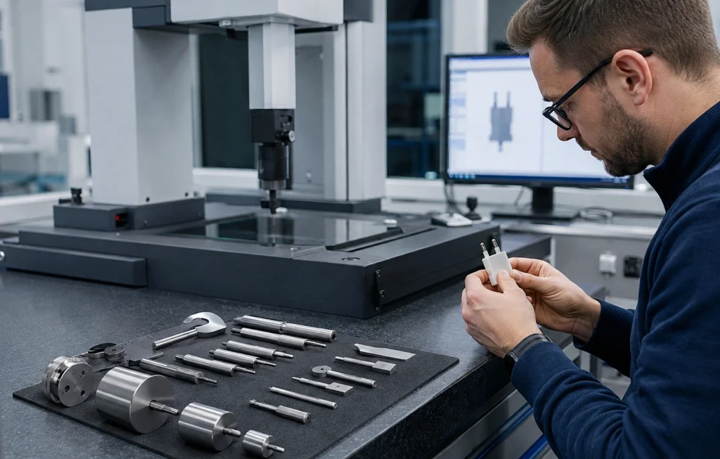 Why Can a Plug Pass Caliper Measurement but Fail a DIN VDE 0620-1 Gauge? 4 Engineer comparing plug geometry with DIN VDE 0620-1 gauges and a coordinate measuring machine