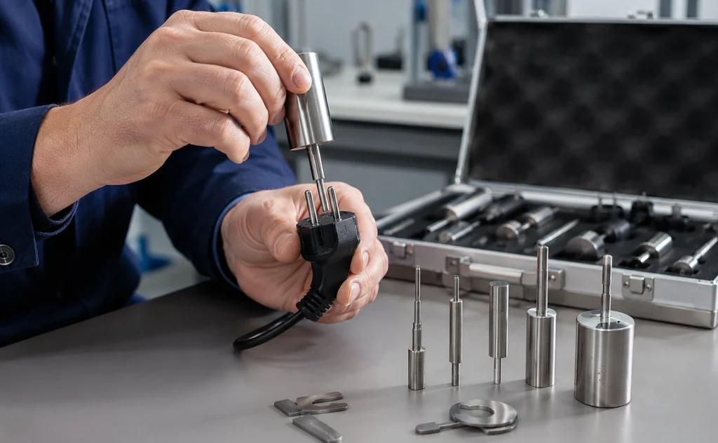 Why Can a Plug Pass Caliper Measurement but Fail a DIN VDE 0620-1 Gauge? 2 Technician checking a plug with a DIN VDE 0620-1 GO NO-GO gauge in a testing laboratory