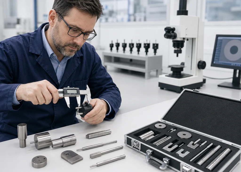 Why Can a Plug Pass Caliper Measurement but Fail a DIN VDE 0620-1 Gauge? 1 Engineer measuring a plug with a digital caliper beside DIN VDE 0620-1 plug socket gauges