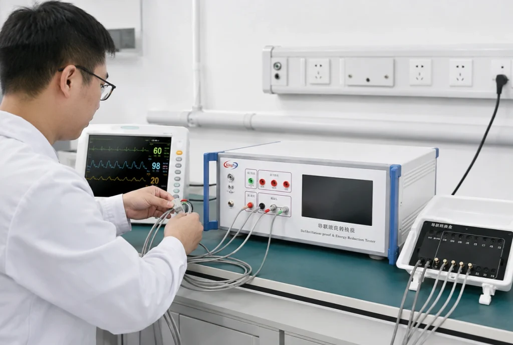 Our ECG Runs on Only 12 V—Why Can It Still Need Defibrillation-Proof Testing? 1 Engineer connecting ECG patient leads to an IEC 60601 defibrillation-proof tester in a medical testing laboratory