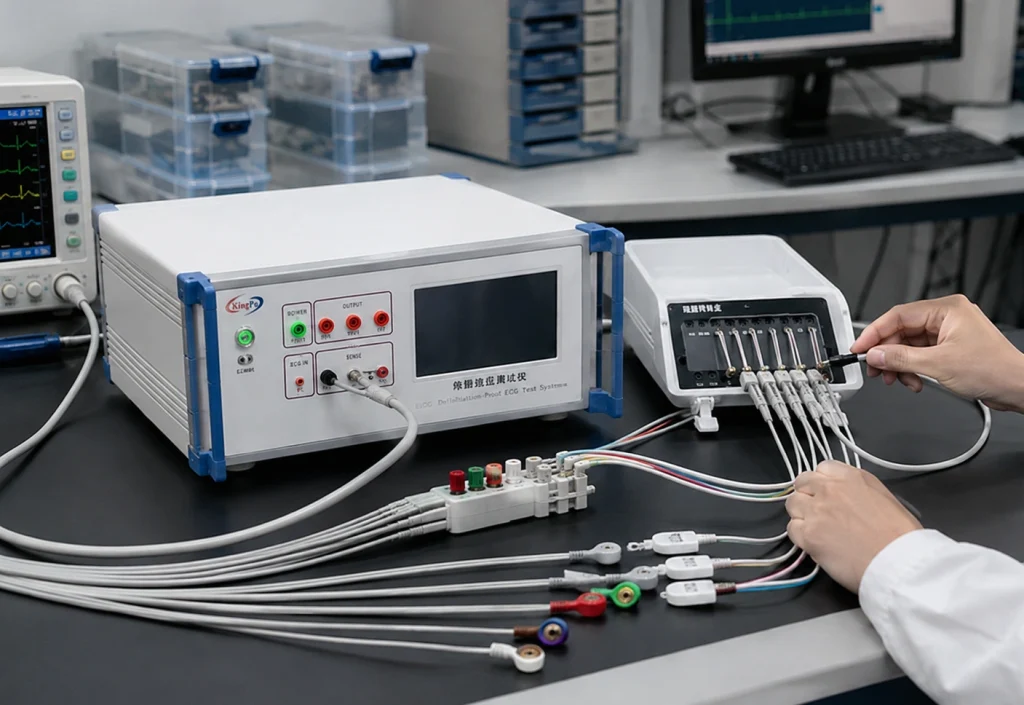 Our ECG Runs on Only 12 V—Why Can It Still Need Defibrillation-Proof Testing? 2 ECG defibrillation-proof test setup with lead wires, switching box and IEC 60601 tester on a laboratory bench