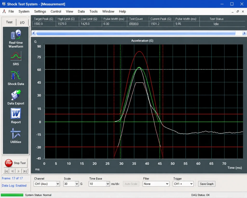 HSKT10 mechanical shock test software showing acceleration waveform and pulse measurement