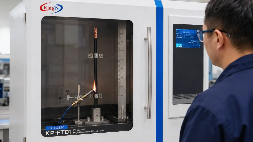 IEC 60332-1 single cable vertical flame tester KP-FT01 performing cable flame propagation test