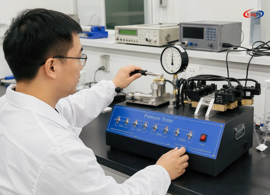 IEC 60335-1 Annex B.20.1 Pressure Tester in laboratory operation for 2070 kPa enclosure pressure testing and venting evaluation of battery-operated appliances.