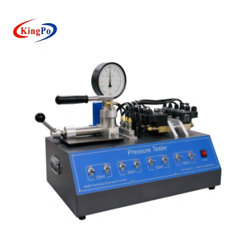 Laboratory view of the IEC 60335-1 Annex B.20.1 Pressure Tester used for manual enclosure pressure testing of battery-operated appliances with integral metal-ion batteries.