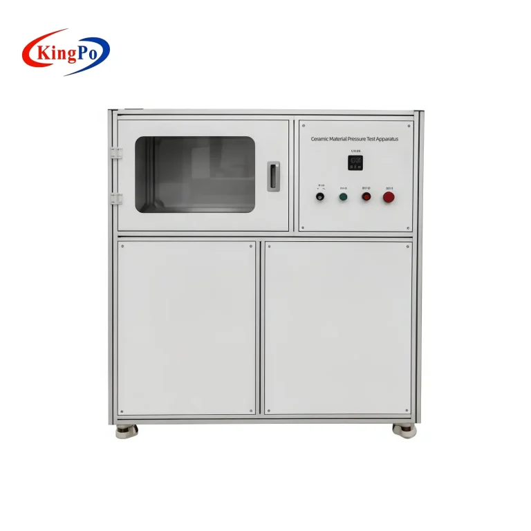 Front-right view of KingPo KP-Y3501 ceramic material pressure test apparatus showing the control panel and test chamber