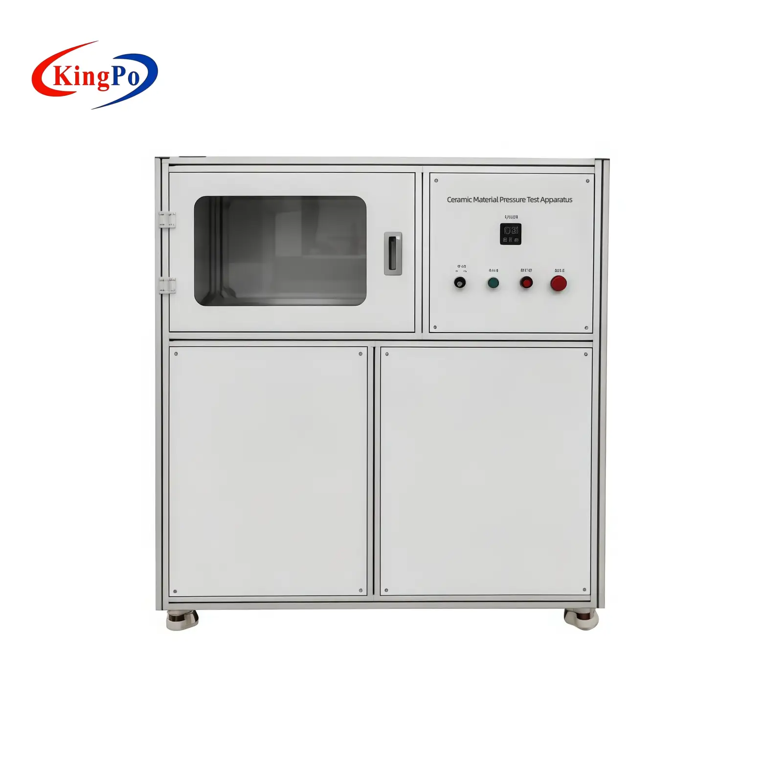 Front-right view of KingPo KP-Y3501 ceramic material pressure test apparatus showing the control panel and test chamber