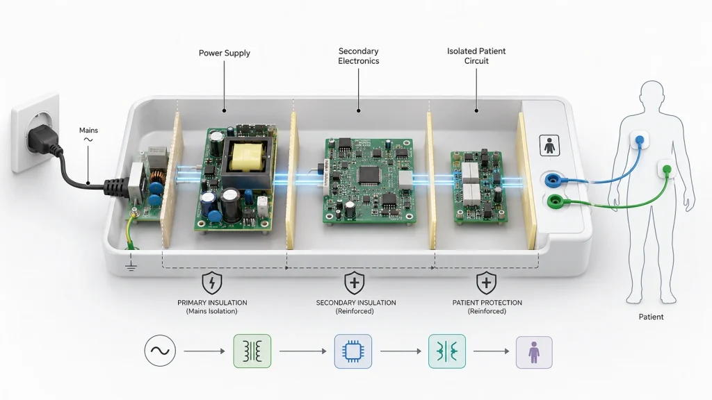 What Should You Check Before IEC 60601-1 Testing? A Pre-Compliance Review 2 IEC 60601-1 medical device insulation architecture showing power supply, secondary electronics and isolated patient circuit