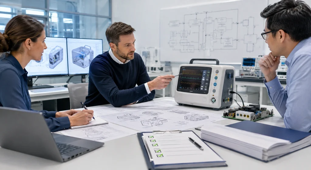 What Should You Check Before IEC 60601-1 Testing? A Pre-Compliance Review 4 Medical device engineering team reviewing IEC 60601-1 pre-compliance test readiness
