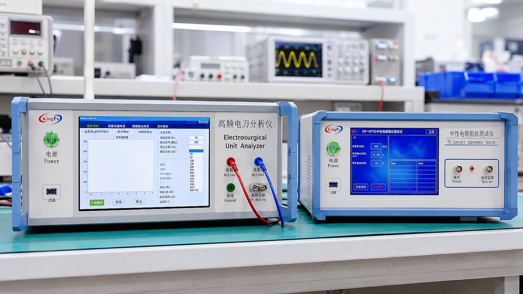 IEC 60601-2-2 ESU testing with KP8850 analyzer and KP-HF50 neutral electrode tester