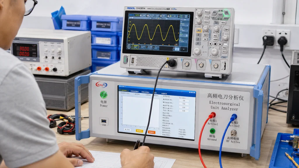 IEC 60601-2-2 ESU waveform and high-voltage testing with KP8850 analyzer and oscilloscope