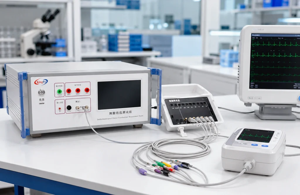 Our ECG Runs on Only 12 V—Why Can It Still Need Defibrillation-Proof Testing? 3 IEC 60601 defibrillation-proof tester with ECG monitor and lead switching box in a medical testing laboratory