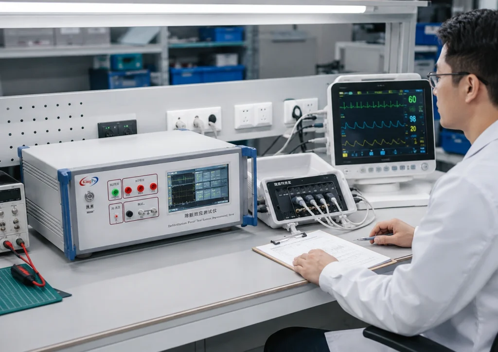 Our ECG Runs on Only 12 V—Why Can It Still Need Defibrillation-Proof Testing? 4 Engineer reviewing ECG monitor readings and test results beside an IEC 60601 defibrillation-proof tester